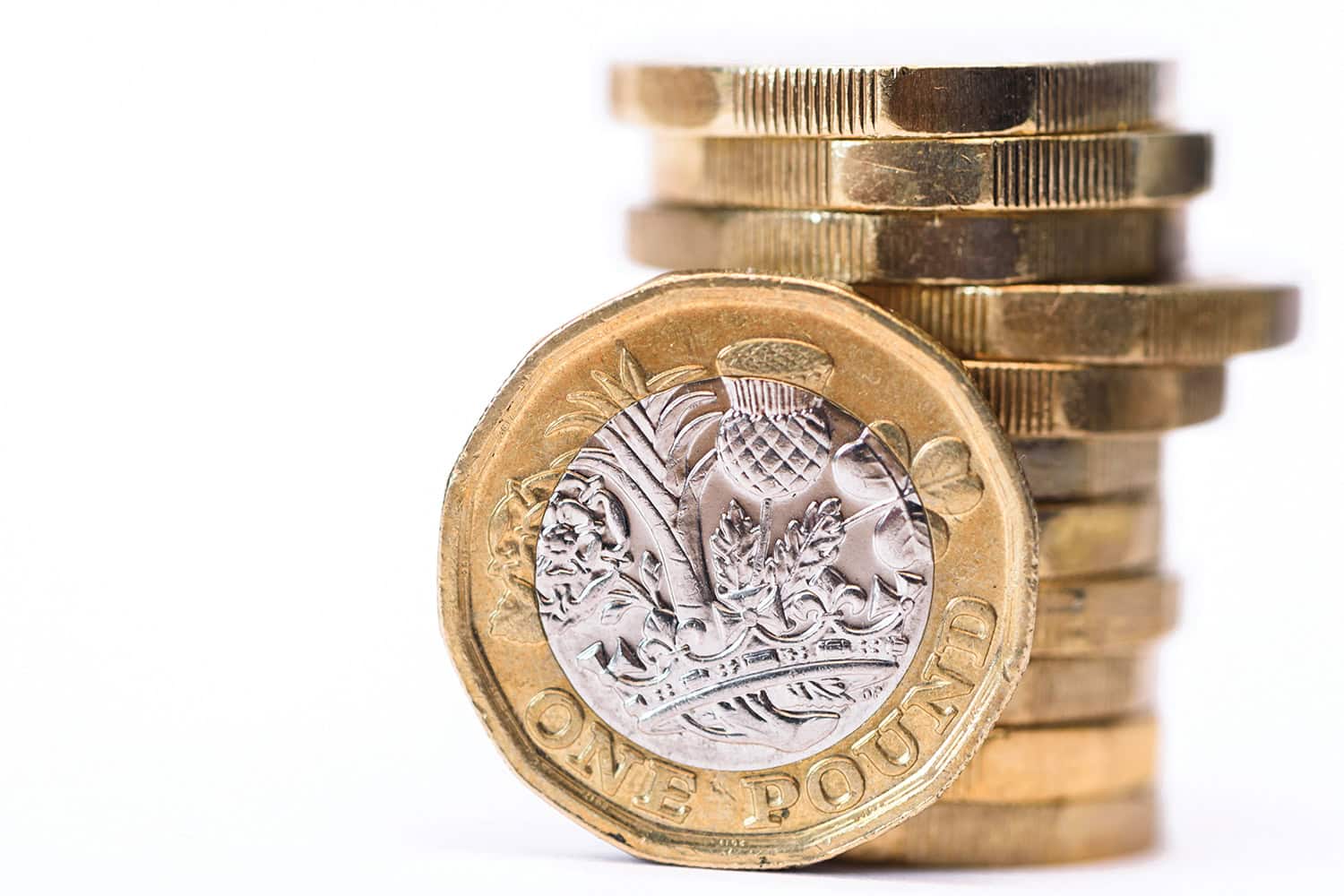 Close-up of stack of shiny £1 coins.