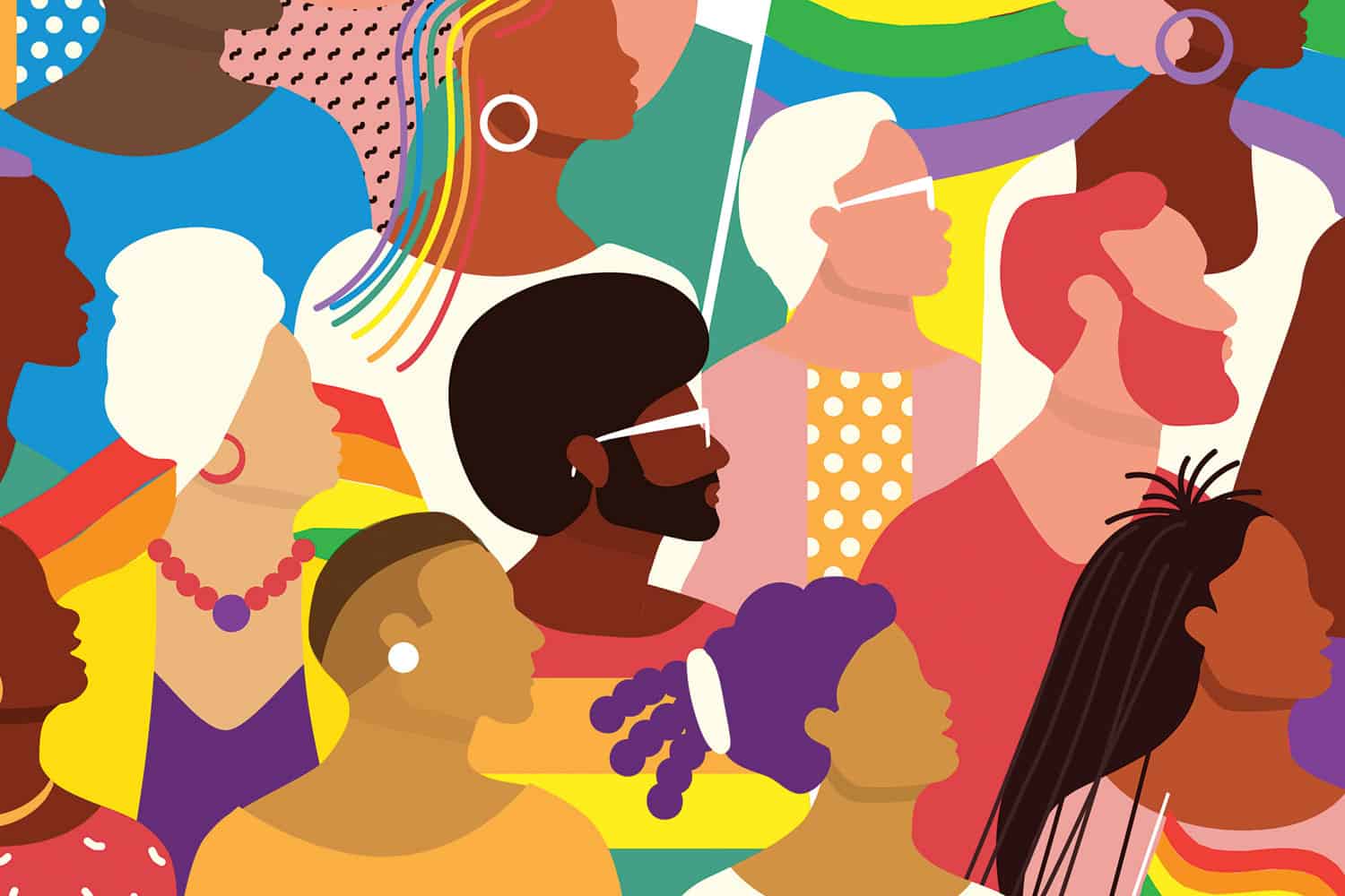 graphic of ethnically diverse figures carrying LGBTQ+ rainbow flags
