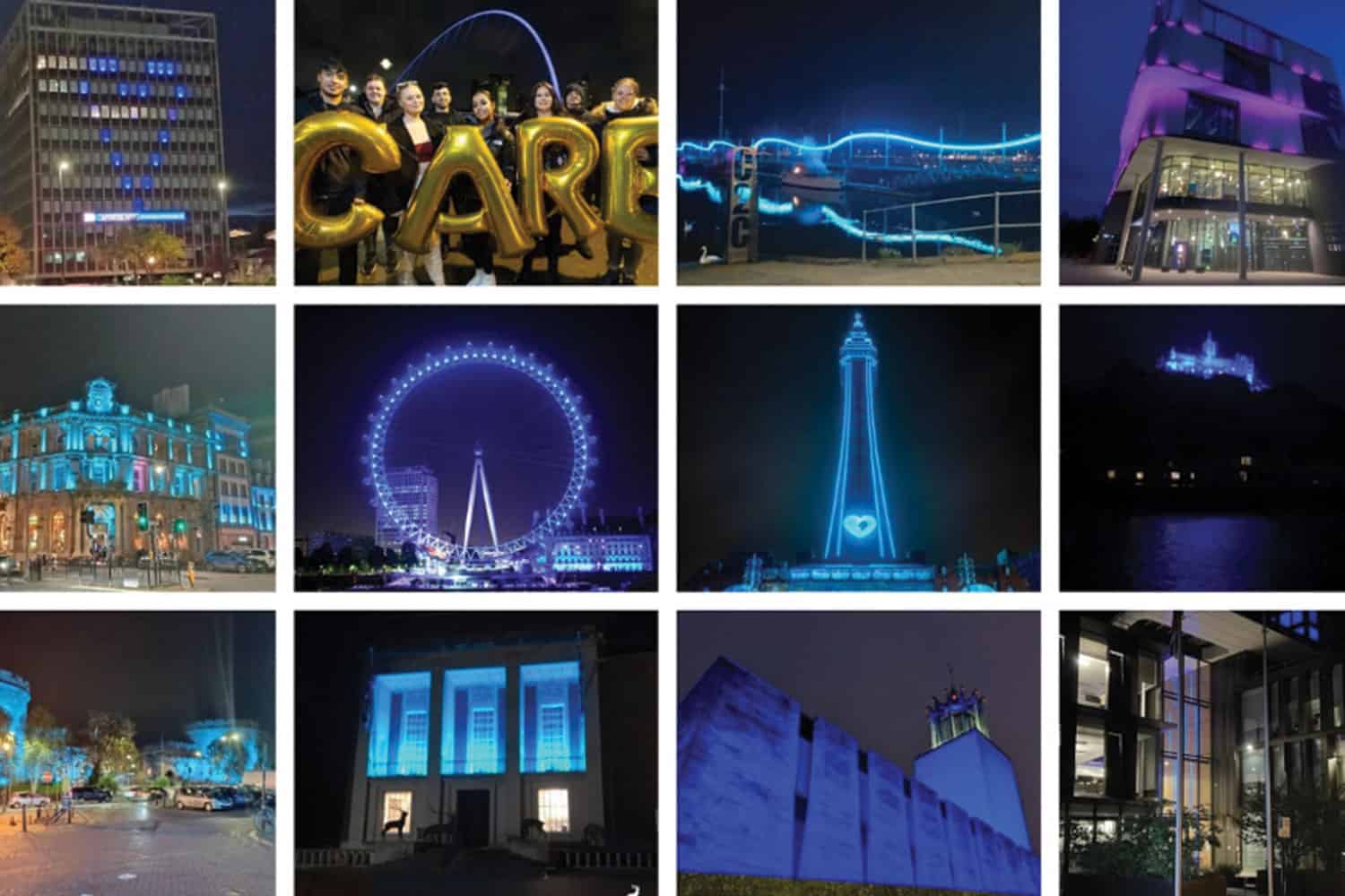 montage of council and other buildings lit up blue to mark National Care Leavers’ Week