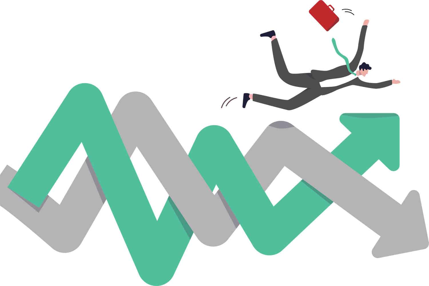 graphic of zig-zagging trend lines and besuited figure with red briefcase falling off them