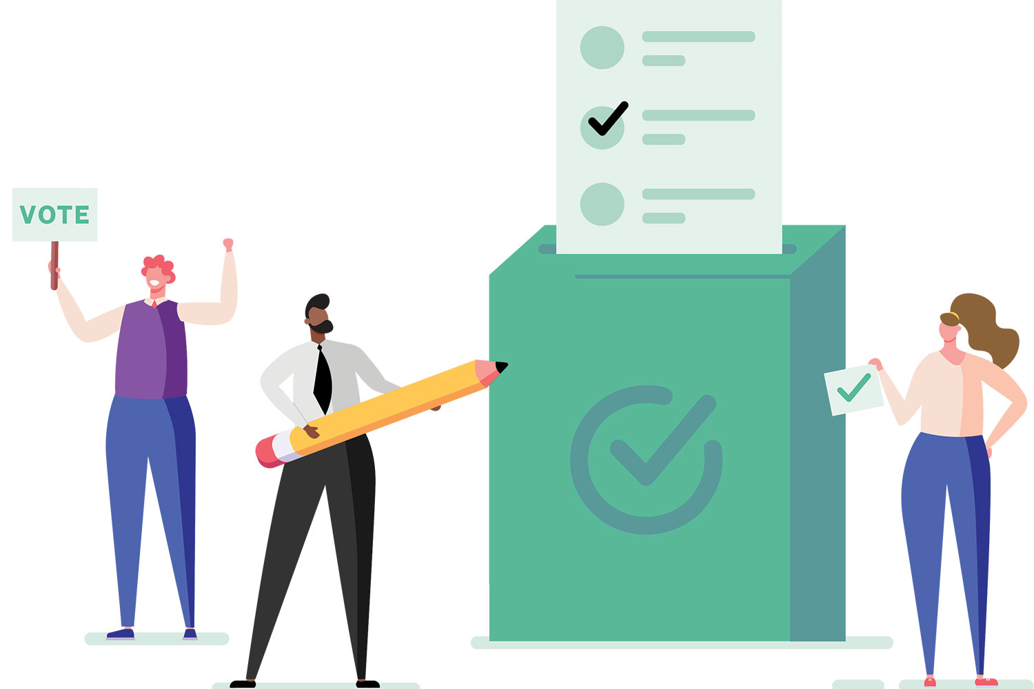 graphic of cartoon figures with giant pencil and ballot box waving ‘vote’ signs