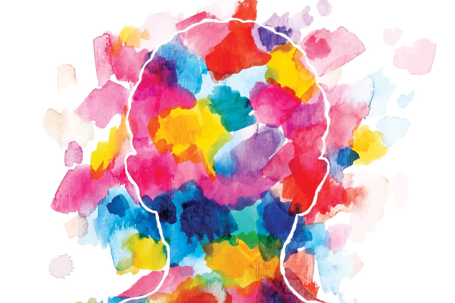 graphic of outline of child’s head from behind, splashed with overlapping patches of watercolours – pinks, blues, reds, yellows, greens
