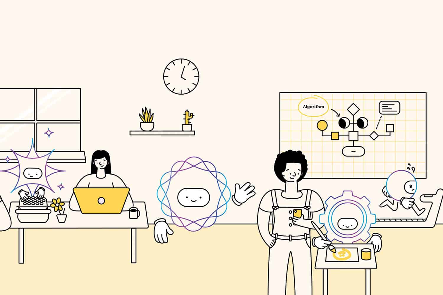 graphic of friendly AI characters helping cartoon people with daily work tasks