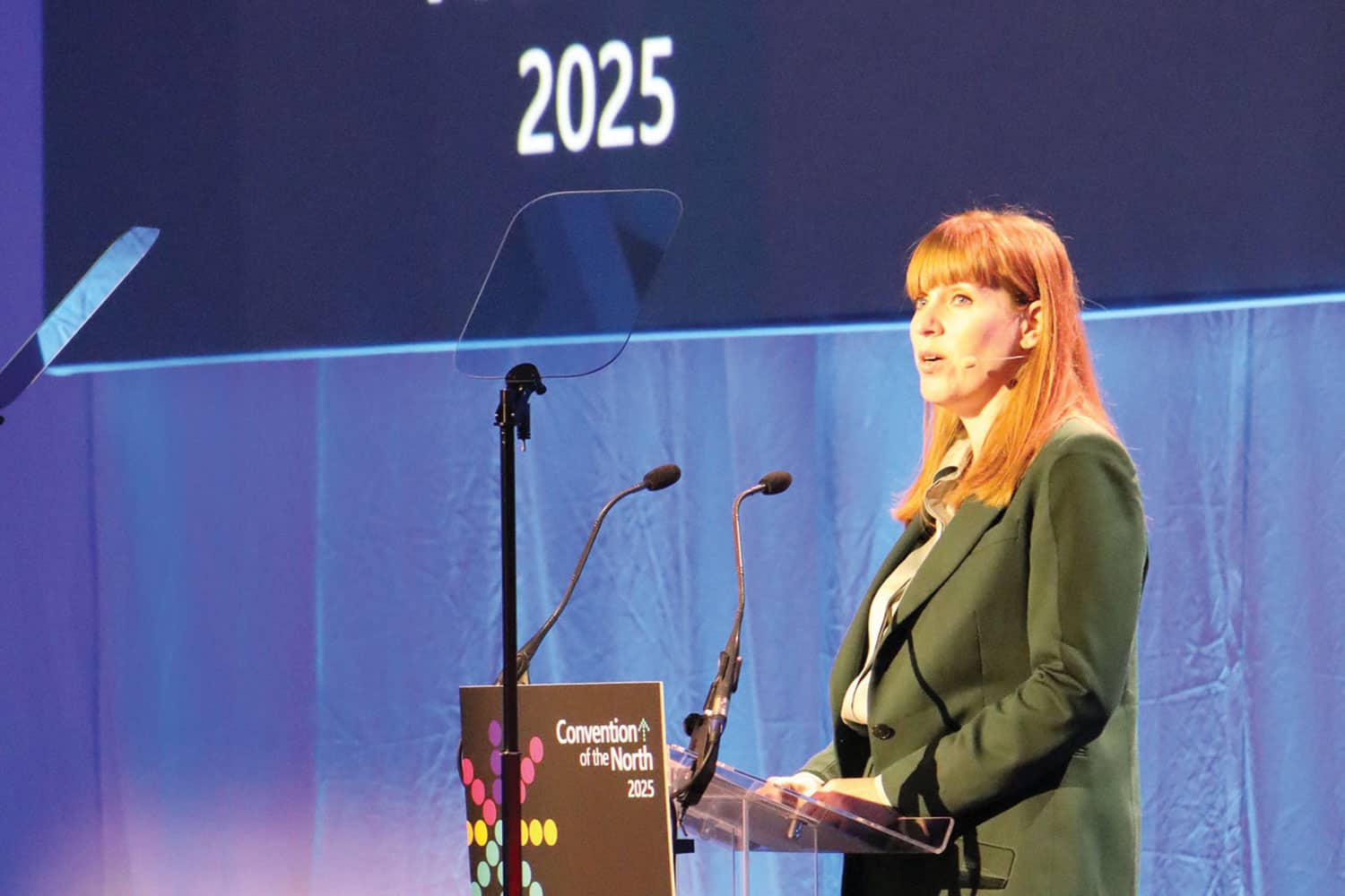photo of Deputy Prime Minister Angela Rayner addressing this year’s Convention of the North in Lancashire