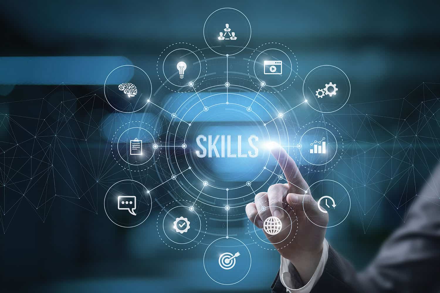 graphic of hand in business suit pointing to the word ‘skills’ in the middle of a circle of icons representing skills