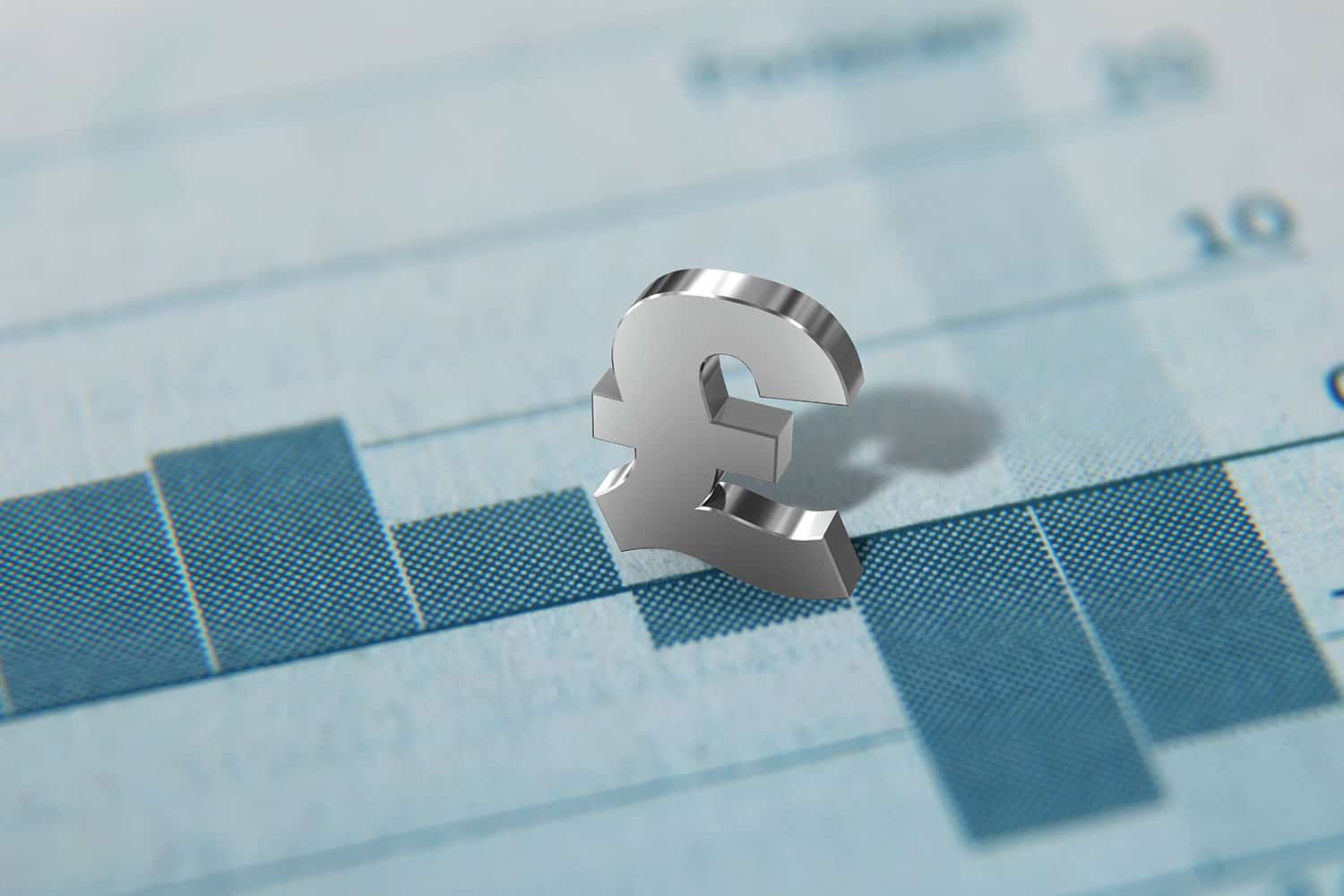 graphic of silver pound symbol standing on blue bar chart