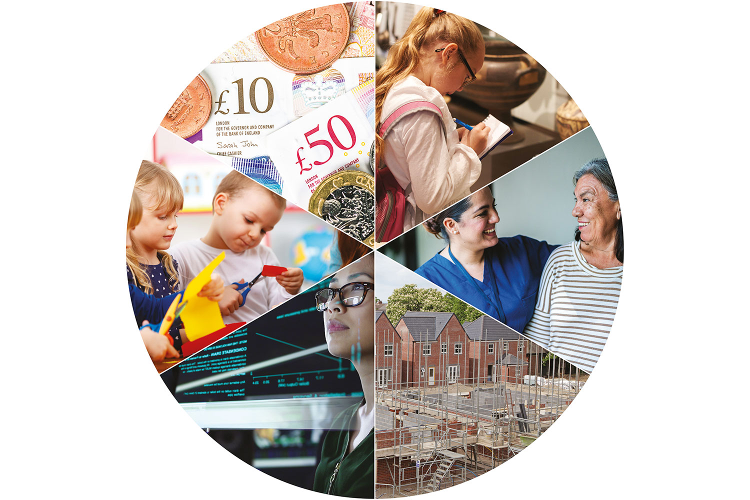 composite of photos in circular pie chart format, featuring images reflecting council services and functions, including adult social care, children’s services, housing, finance, digital and IT, and culture
