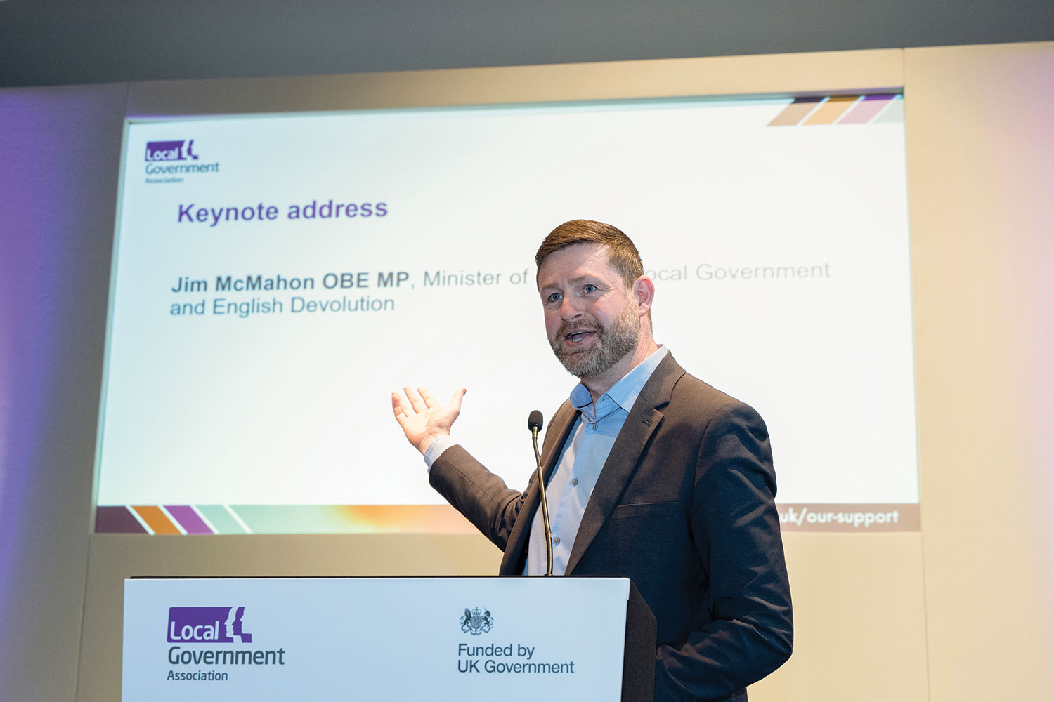 Local Government Minister Jim McMahon speaking at the LGA’s member peers conference in March,