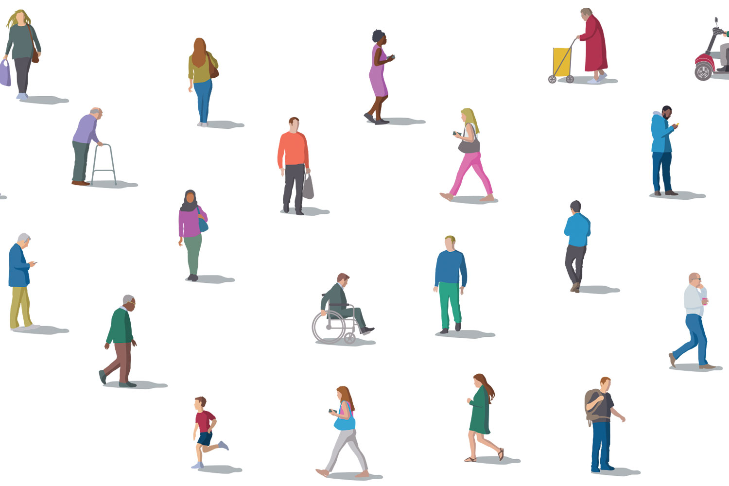 small cartoon figures spread out in white space, reflecting diversity of ages, life stages, gender, ethnicity