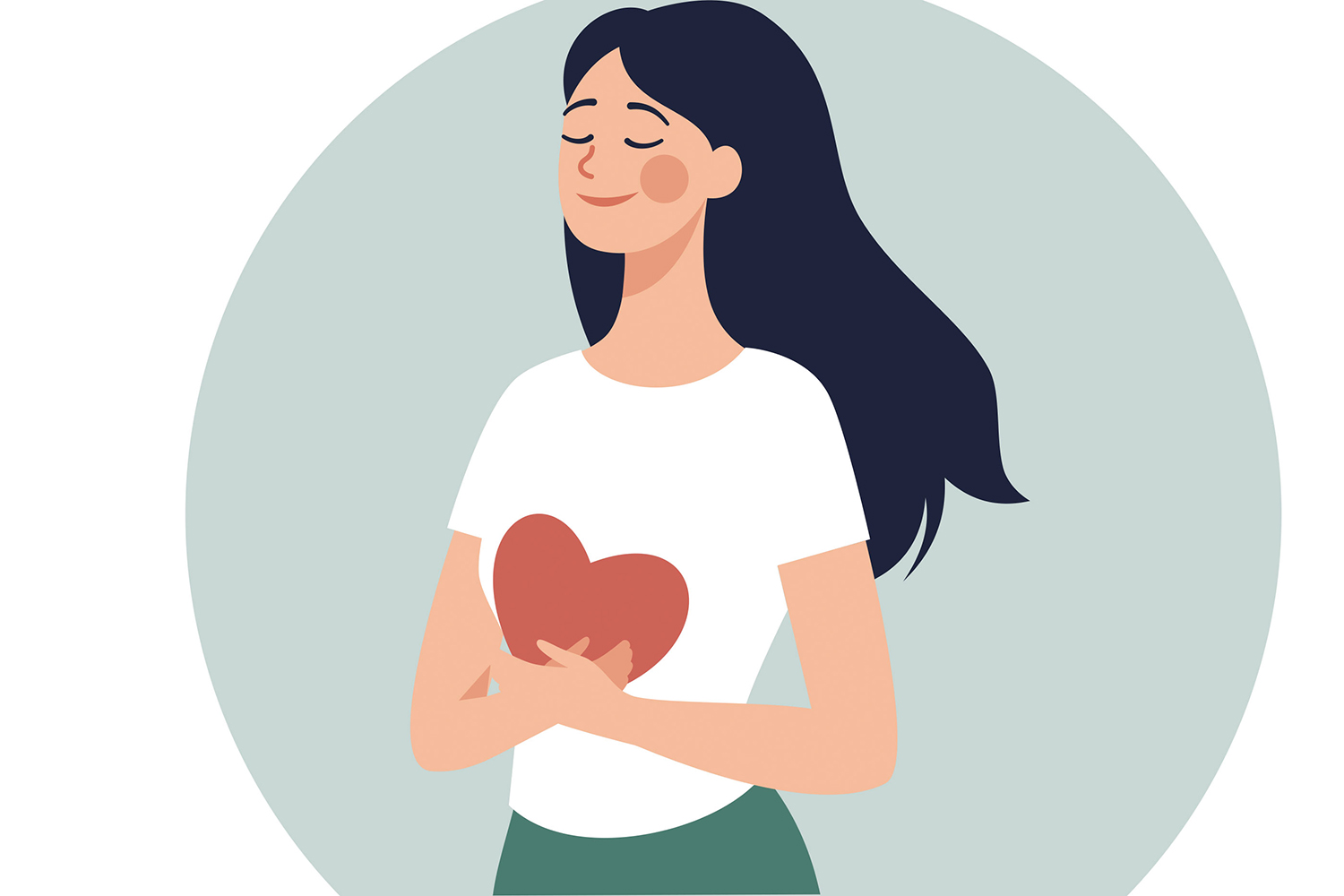 graphic cartoon of young woman holding a heart to her chest