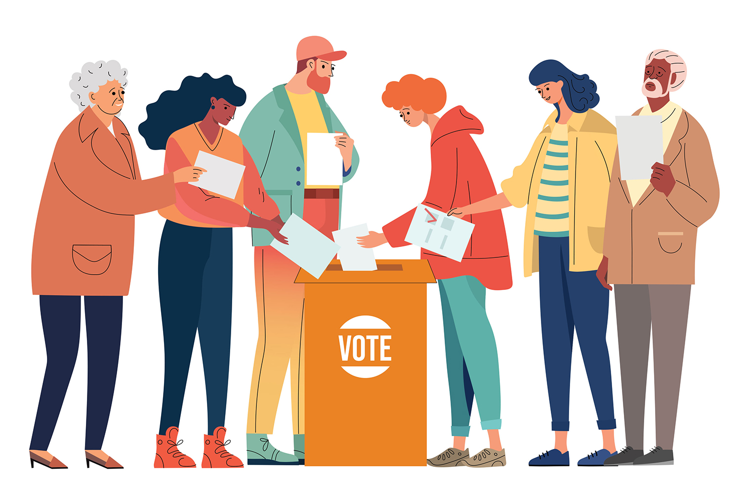 diverse group of cartoon people putting their voting papers in a ballot box