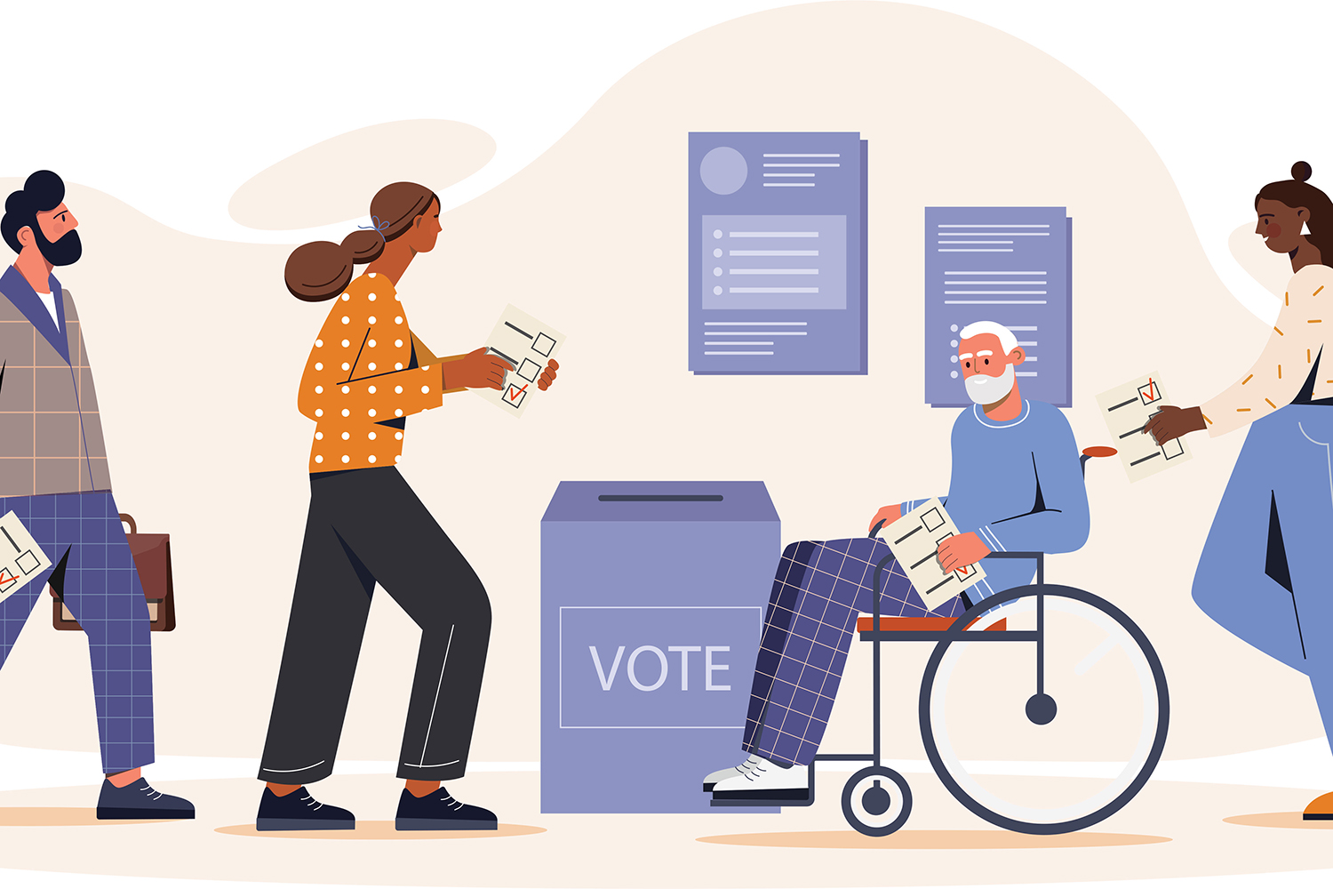 graphic of diverse group of cartoon people voting