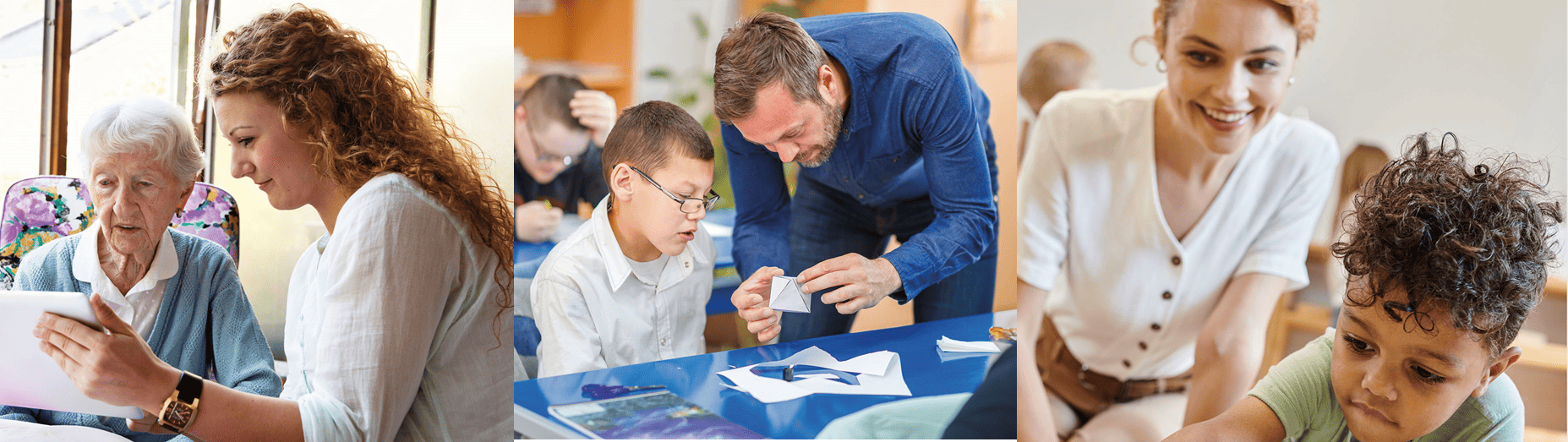 photo of male teacher helping child with learning difficulties with cutting out a paper pyramid; female teacher watching pre-school boy setting out coloured squares; woman carer helping elderly woman use tablet