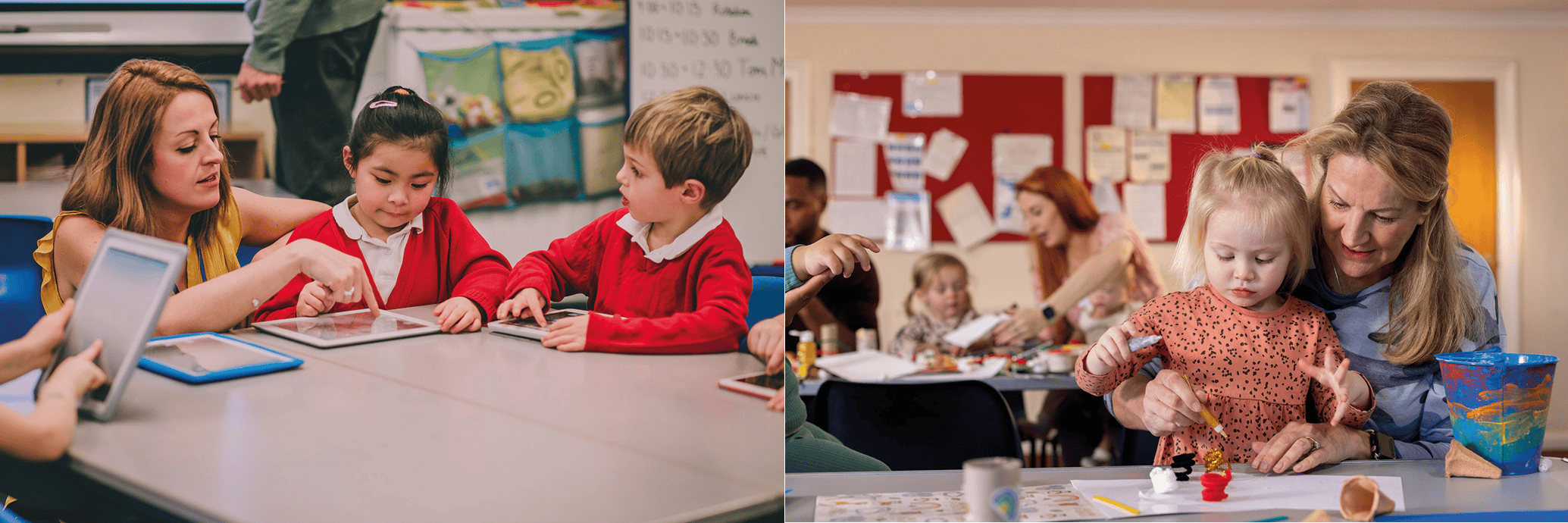 photo of female teachers painting with pre-school children; photo of female teacher using tablet with two infant-aged children in school uniform