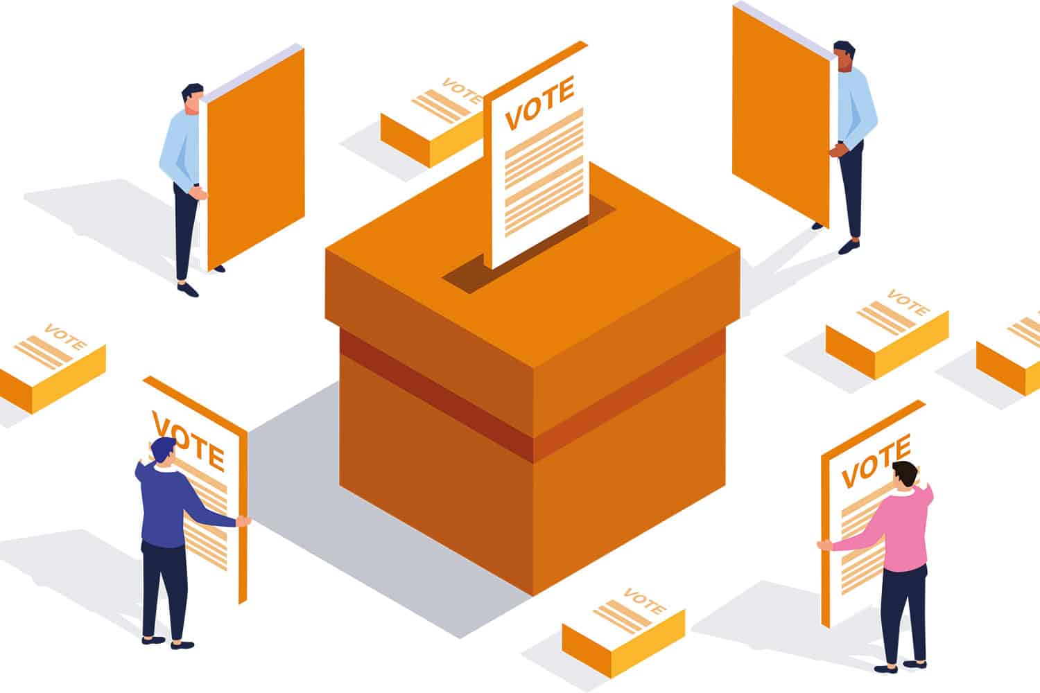 graphic of over-size ballot box with cartoon figures holding giant ballot papers