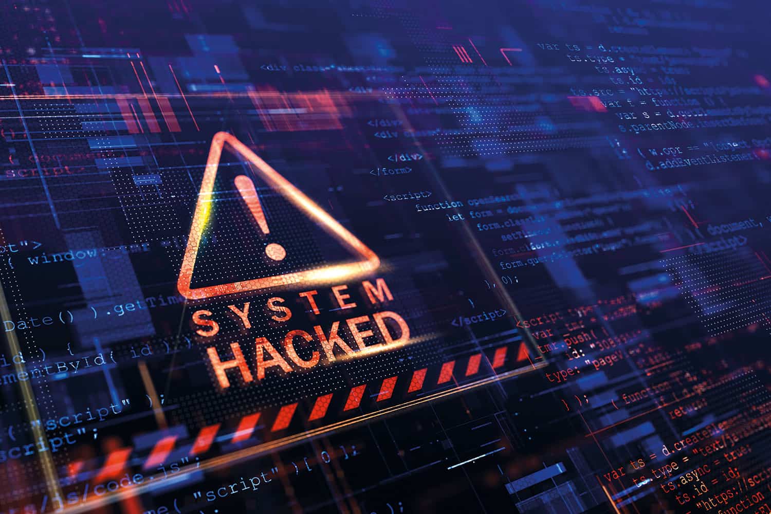 graphic of darkened computer screen displaying code overlaid with warning sign of exclamation mark in a triangle and the words ‘SYSTEM HACKED’