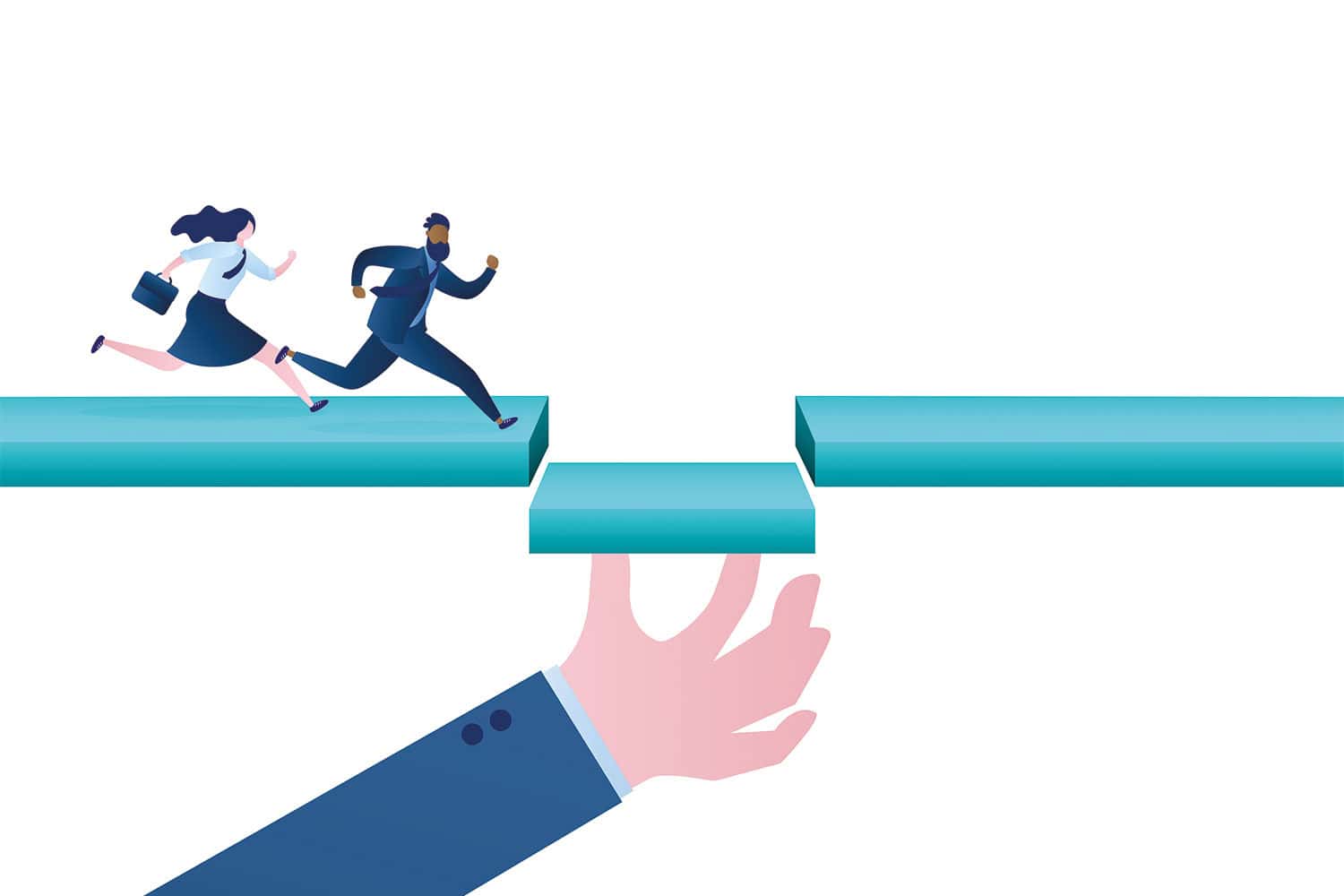 graphic of two business-suited cartoon figures, one male, one female, running towards a gap with an over-sized hand holding up the missing segment of path that fits into the gap