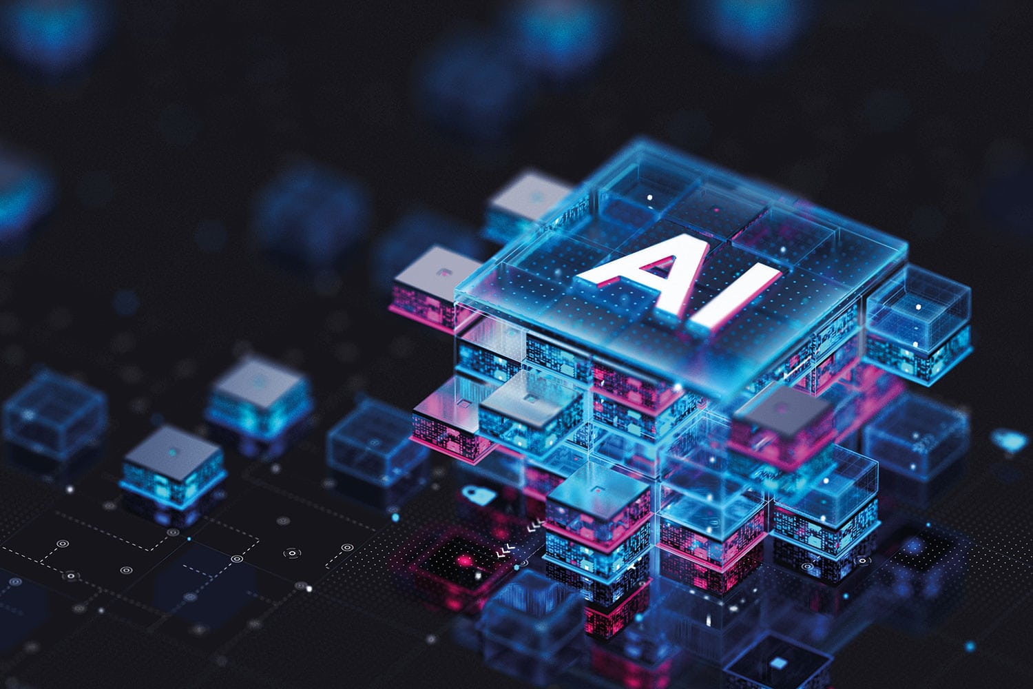 graphic of ‘AI’-labellled box on 3-D computer schematic